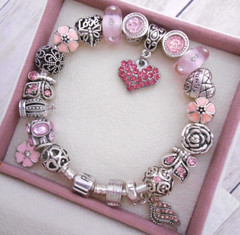PANDORA SILVER CHARM BRACELET WITH PINK CRYSTAL HEART LOVE FAMILY CHARMS & BOX!