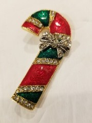 Enamel & Rhinestone Candy Cane Pin Brooch Christmas Vintage