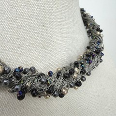 Wire Wrapped Pearl Beaded Statement Necklace Black Silver Toned Artsy Bold