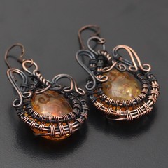 Amber Jasper Gemstone Copper Wire Wrapped Handmade Earring Jewelry Gift For Love