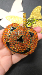 Extra Large Pumpkin Brooch Orange Crystal Rhinestone Black Enamel Halloween Pin