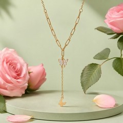 Gold Butterfly Y Necklace Crystal Pendant Drop Chain Necklace Women Gift 5g
