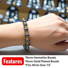 Hematite / Gold Plated Beads Design 8mm Beaded Bracelet Wrist Sz 7.5