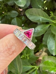 SYNTHETIC RUBY / PINK SAPPHIRE BAGUETTE RHINESTONES GEOMETRIC RING SILVER TONE