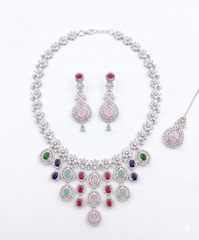 Multi Color American Diamond Necklace AD CZ Bridal Choker Earrings Maang Tikka