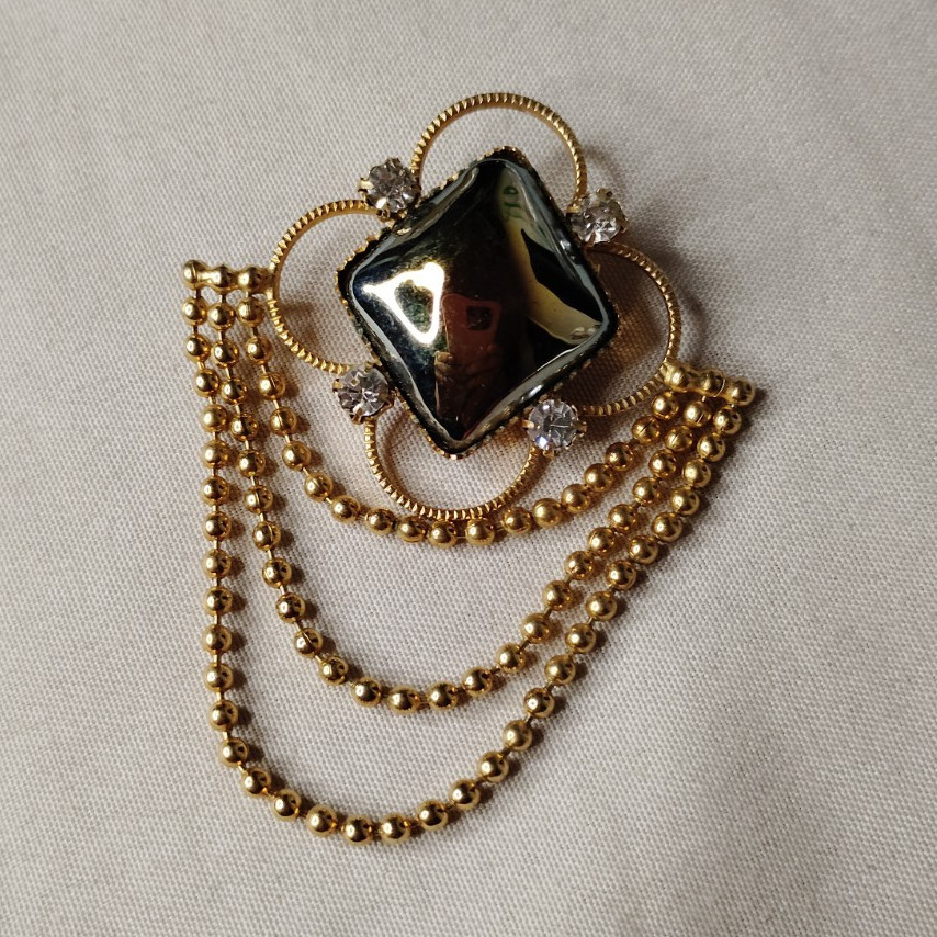 Brooch Pin Gold Tone Dangle Square Black Glass Cabochon Clear Stones