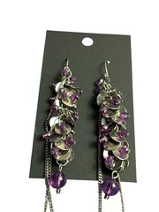 Silvertone Purple Plastic Beaded Fringe Dangle Earrings 3.75 inches