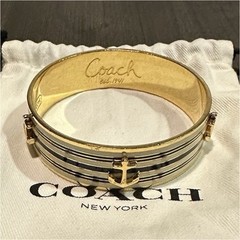 Coach Nautical Anchor Enamel Stripe Hinged Bangle Bracelet Gold Blue White