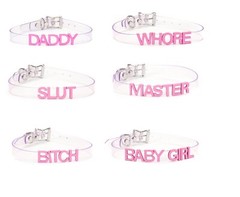 Pink Clear PVC-Fetish-Name Choker Slave Daddy-Bdsm-Slut-Neck-Collar-Kinky-USA