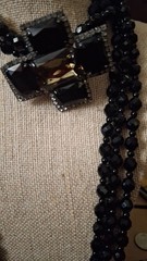Jet Black Polished bead multistrand drape rhinestone cross statement necklace