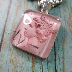 Handmade Authentic Postmarked Queen Elizabeth Postage Stamp Glass Tile Necklace