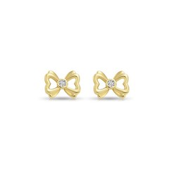 14K Real Solid Yellow Gold Dainty Ribbon Bow CZ Sleeper Stud Earrings Screw-back