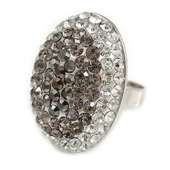 30mm Dome Shape Crystal Ring In Silver Tone Metal/ Clear/Grey/ Size 7/8 Adjustab