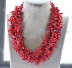 5 Rows Natural Red Coral Chip Irregular Freeform Tree Branch Gems Necklace 18”