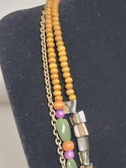Multi Strand Beaded Boho Necklace Shell Wood Green Purple Iridescent Layered 21″
