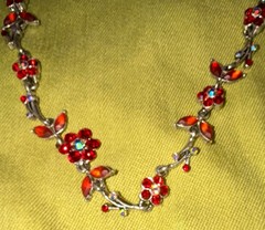 Silver Tone Red Crystal Rhinestone Flower Link Chain Necklace Box Clasp