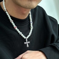 Alloy Imitation Pearl Cross Necklace Men Cubic Zirconia Beaded Pendant Jewelry