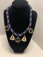 Nautical Navy & Gold Rope Collar Necklace w/ Sailboat & Anchor