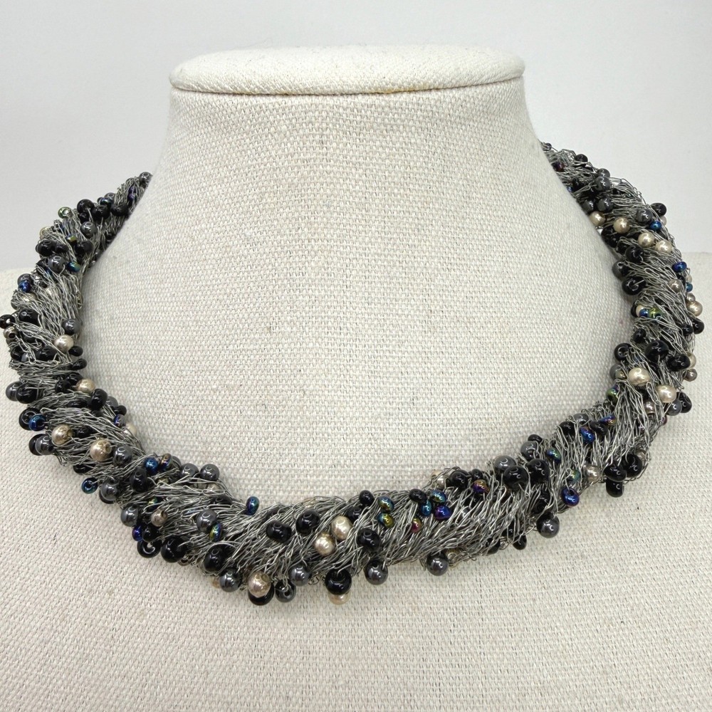 Wire Wrapped Pearl Beaded Statement Necklace Black Silver Toned Artsy Bold