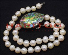 freshwater pearl white near round and abalone shell egg necklace 19inch