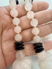 Statement Long Rose Quartz Style Necklace Black Disc Carved White Beads 35in
