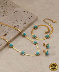 Natural Turquoise Necklace Bracelet Earring Set 18K Gold Plated Stainless Steel