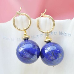 Natural Blue Lapis Lazuli Round Gemstone Beads Dangle Gold Leverback Earrings