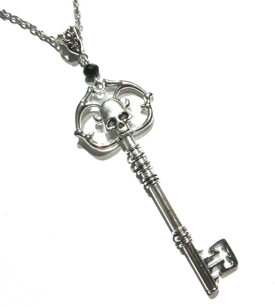 SILVER SKULL SKELETON KEY PENDANT NECKLACE gothic steampunk punk halloween P4