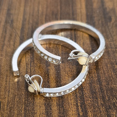 Silver Tone Clip On Crystal Hoop Earrings Latch Back, Round White/Colorless