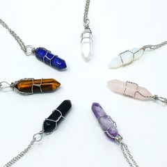 Wire-Wrapped Crystal Necklace Gemstone Pendant with Chain Opalite Onyx Amethyst