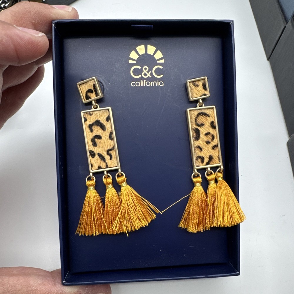 C & C California Leopard Cheeta Print Drop Dangle Post Earrings With Tassels