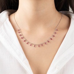 925 Silver Teardrop Lab-Created Ruby Station Necklace, Gemstone Station Necklace
