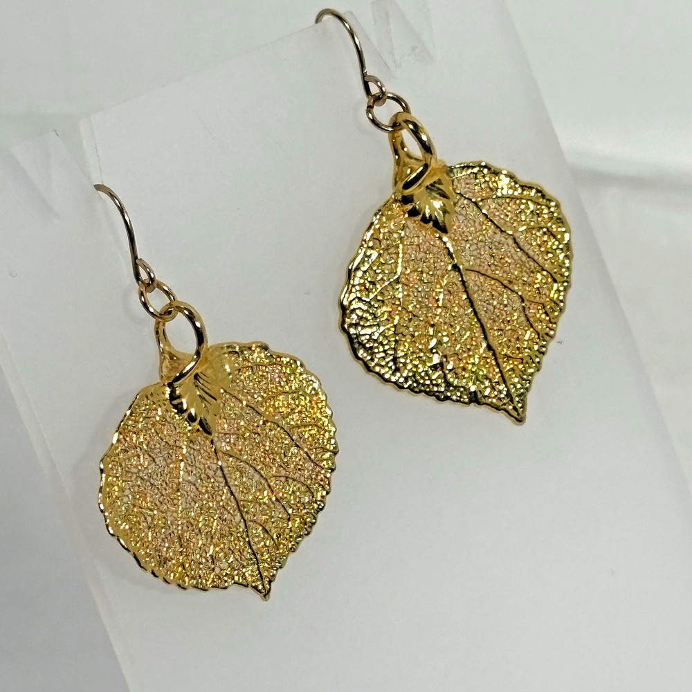 Real Gold Dipped Aspen Leaf Earrings Dangle 24k Plated