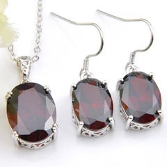 Natural Oval Red Garnet Silver Necklaces Pendants Drop Earrings Jewelry Sets