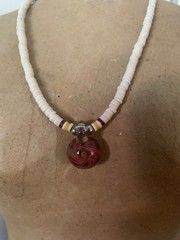 White Beaded Pendant Necklace w/ Red Round Charm Pendant, Lobster Clasp