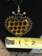 Betsey Johnson Gold & Black Tone Heart & Crown Necklace With Rhinestones 34″