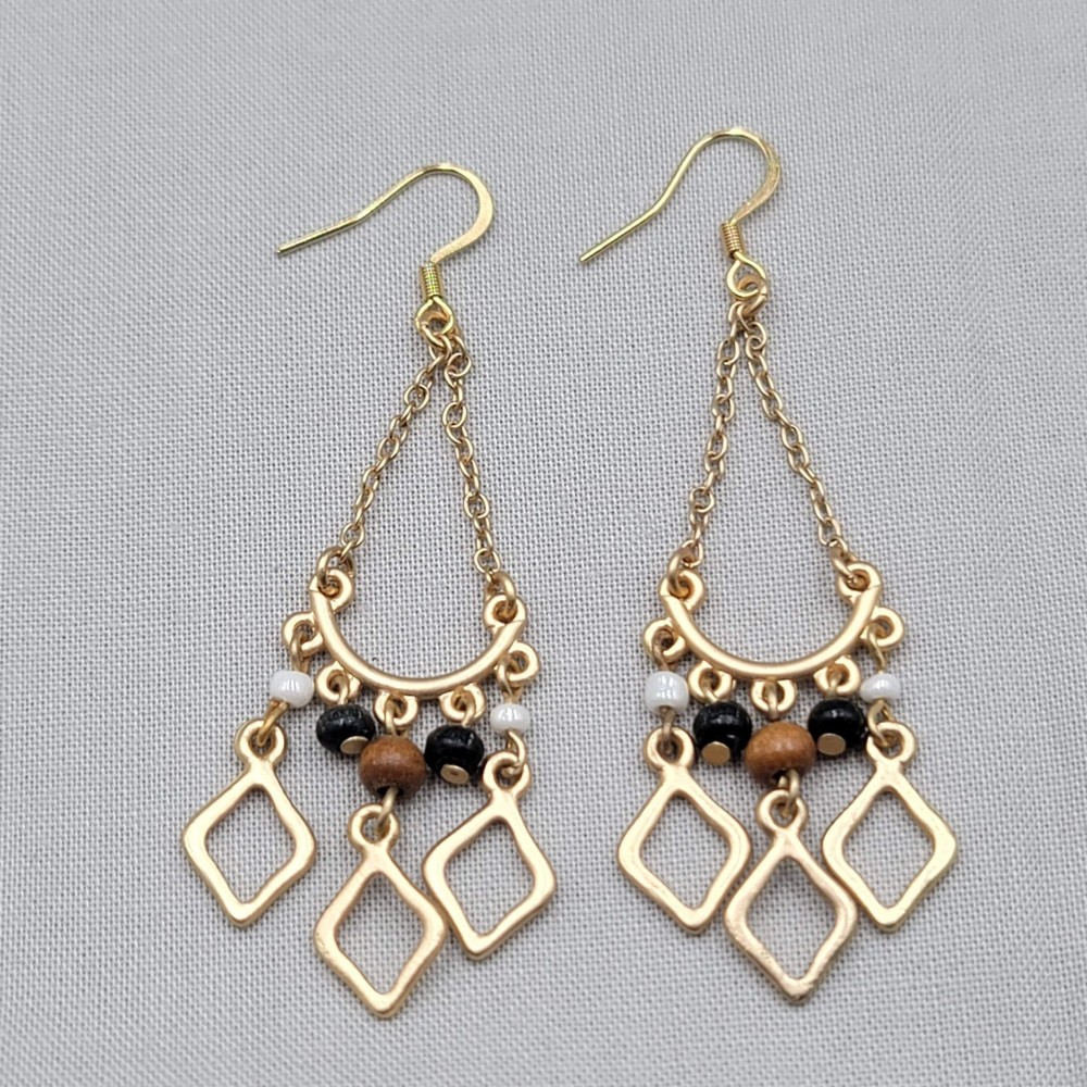 Brown Black Beaded Charm Pierced Earrings Gold tone Dangle Chains 2″