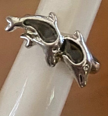 Vintage Silver Tone Double Dolphin Black Enamel Bypass Pinky Ring Beach Jewelry
