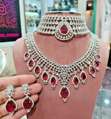 Elegant Emerald Ruby Silver Zirconia Wide Necklace Earring Jewelry Set