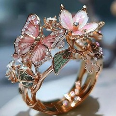 Flower Butterfly Ring Metallic Black Color Rhinestone Adjustable Open Band