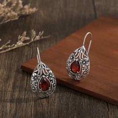 Beautiful Filigree Teardrop Garnet Silver Hook Earrings Great for Everyday Wear