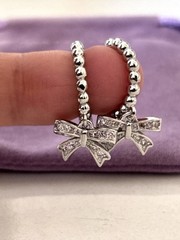 925 Sterling Silver Bow Dangle Hoop Earrings Pink CZ Beaded Huggie Hoops