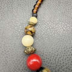 NY Necklace Beaded Statement Chunky Red Gold Cream Brown Floral Beads 16 Inch