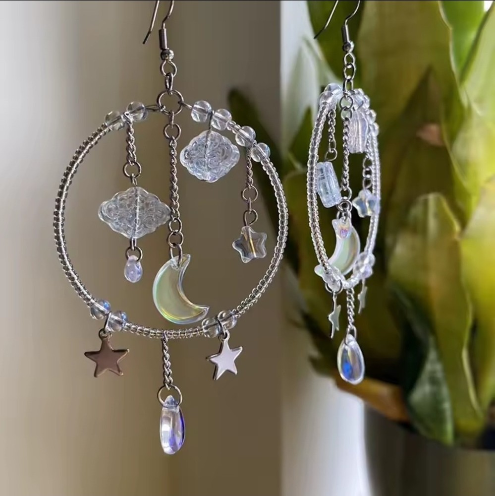 Silver Tone Moon & Star Charm Hoop Dangle Drop Earrings Metal, French Wire