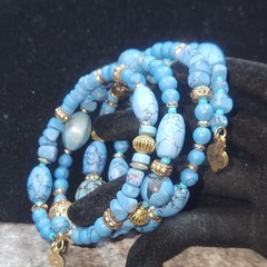 Chicos Blue Turquoise color Multi Strand Wrap Bracelet Gold Tone Accents