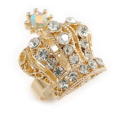 Clear Crystal Crown Cocktail Ring in Gold Tone – 30mm Tall – Size 7/8 Adjustable