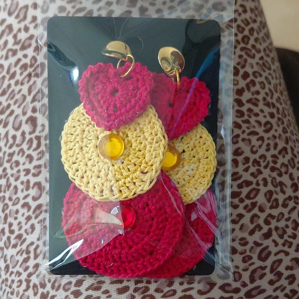 Handmade Crochet Heart Dangle/Drop Earrings Red Yellow Love Theme Butterfly Back
