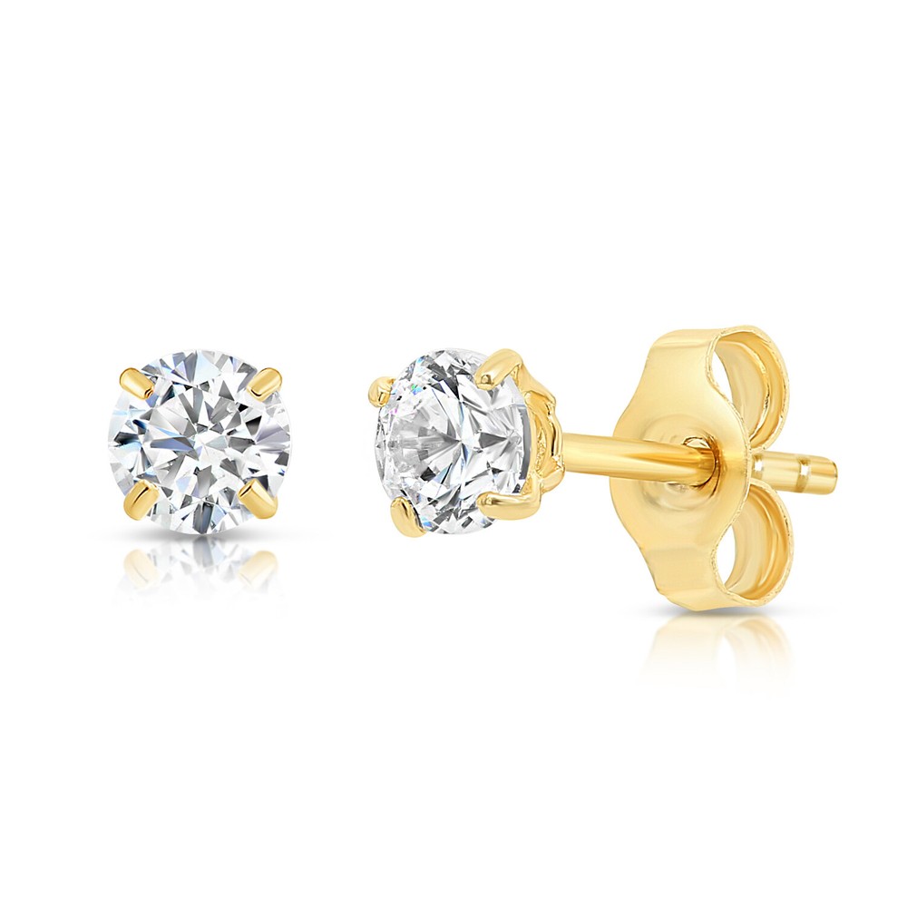 10K Real Solid Gold Solitaire Round CZ Sleeper Stud Earrings Push-back 2.5mm-8mm