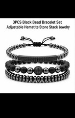 3PCS Black Bead Bracelet Set Adjustable Hematite Stone Stack Jewelry