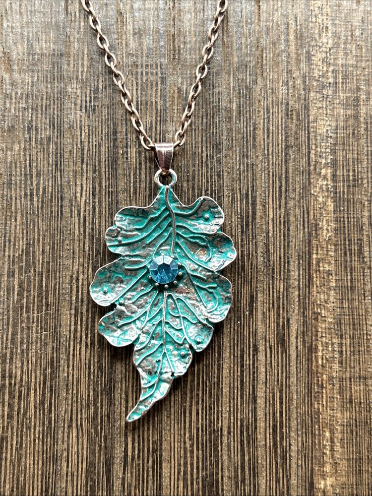 Copper Verdigris Leaf Necklace 18” Chain With 2” Pendant